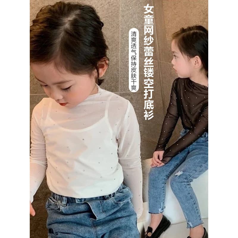 Meninas malha superior de manga comprida oco malha camiseta crianças lantejoulas transparentes moda exterior usar Base c