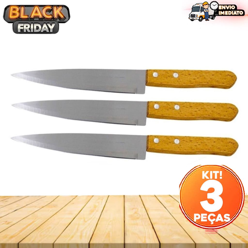 Kit 03 Faca Inox Chef Cabo de Madeira Linha Profissional Cozinha Restaurante
