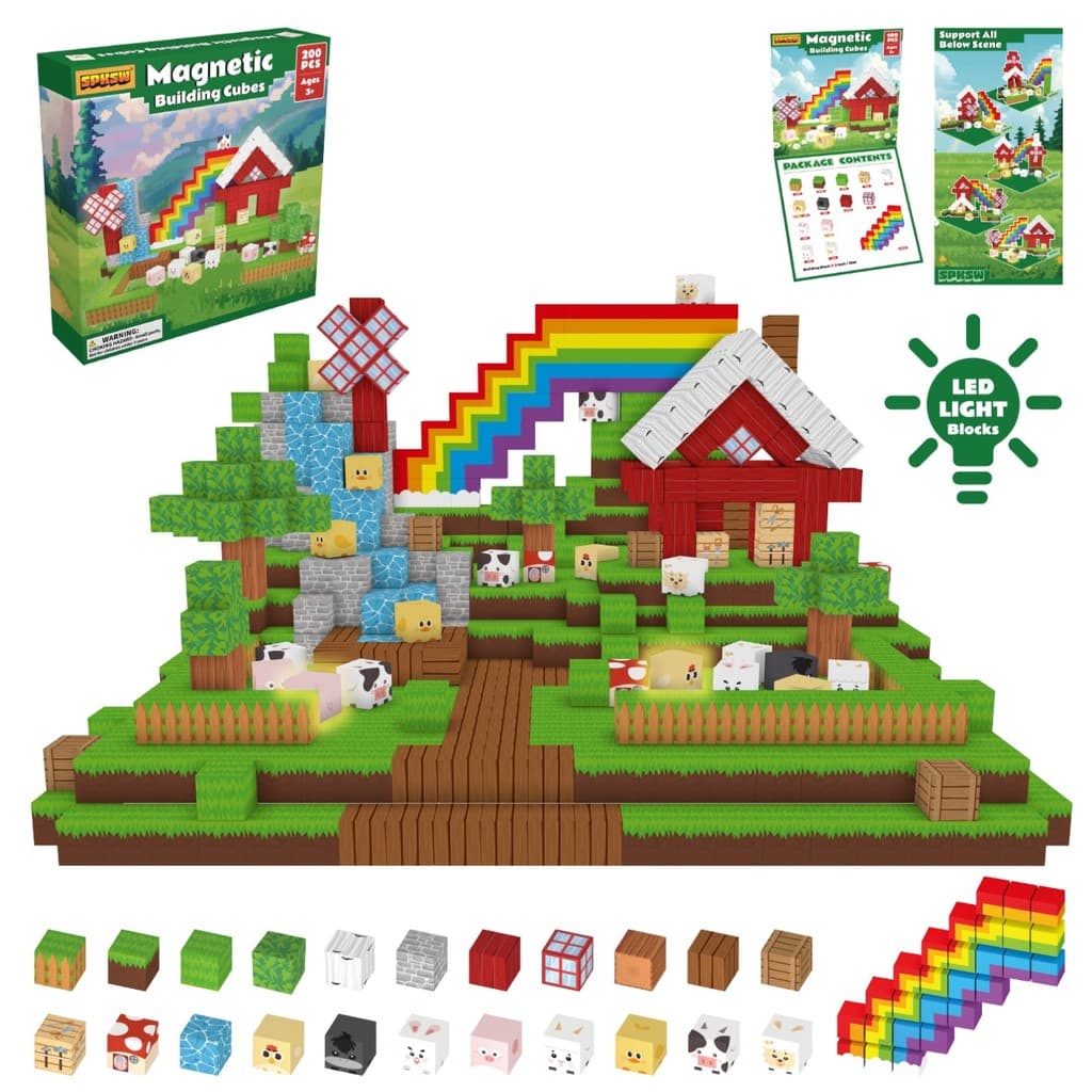 200 Pcs Blocos De Construção Magnéticos De Arco-Íris De Fazenda Fofa Com Peças De Animais De Luz LED Brinquedo Educacion