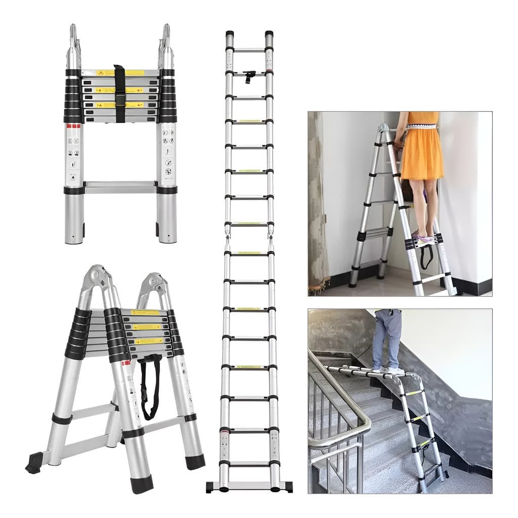 Escada Telescópica Alumínio 3,8/5 Metros 16 Degraus Dobrável Extensiva Multifuncional Portátil Reforçada 150kg Hanabi