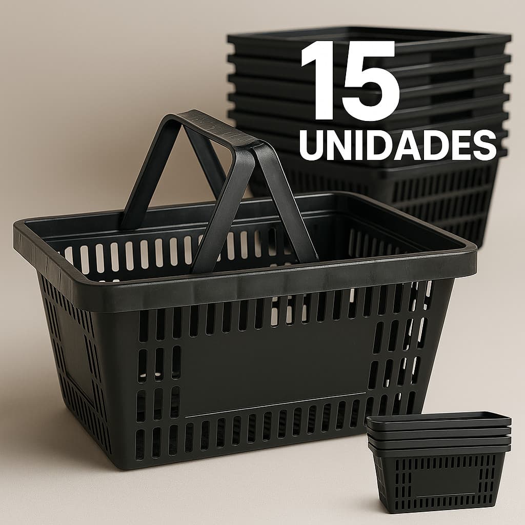 KIT 15 Cestinhas Cesta de Supermercado Plástica Preta 16L Envio Imediato Alça Reforçada Ideal para Lojas, Mercados