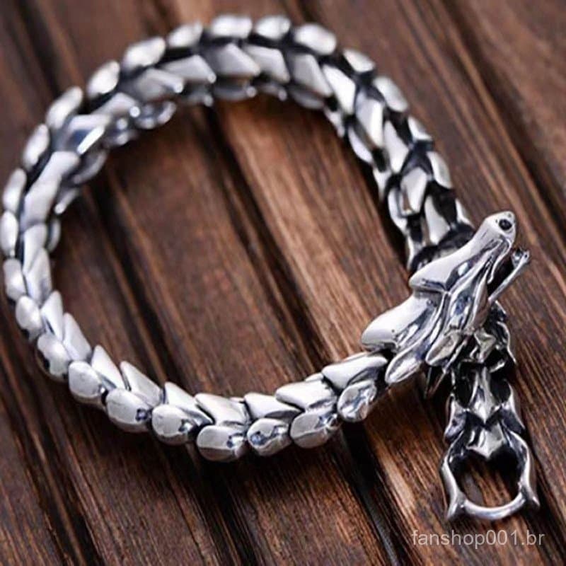 925 Jóias De Prata Esterlina Pesada Pulseira De Balança De Dragão Para Homens 23CM Estilo Punk Vintage | Pulseiras