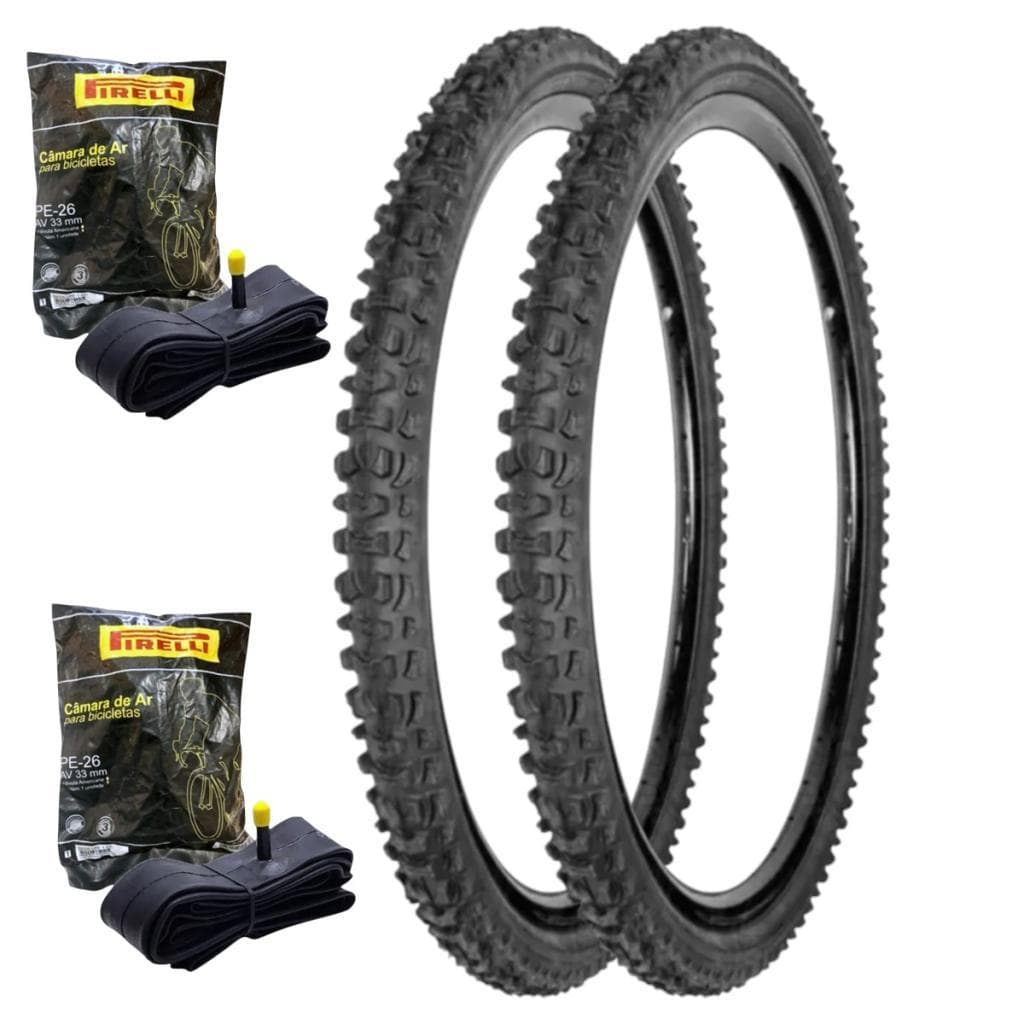 Par Pneus K816 Kenda 26x1.95 Aro 26 + 2 Câmaras Ar PE-26 Bico Grosso