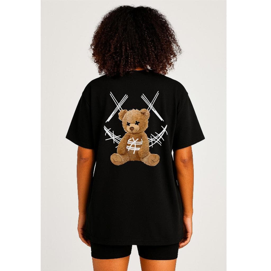 Camiseta Feminina Streetwear Algodão Penteado Infantil Adulto Plus Size Estampa Urso Sorriso Sad Moda Pelucia Cartoon