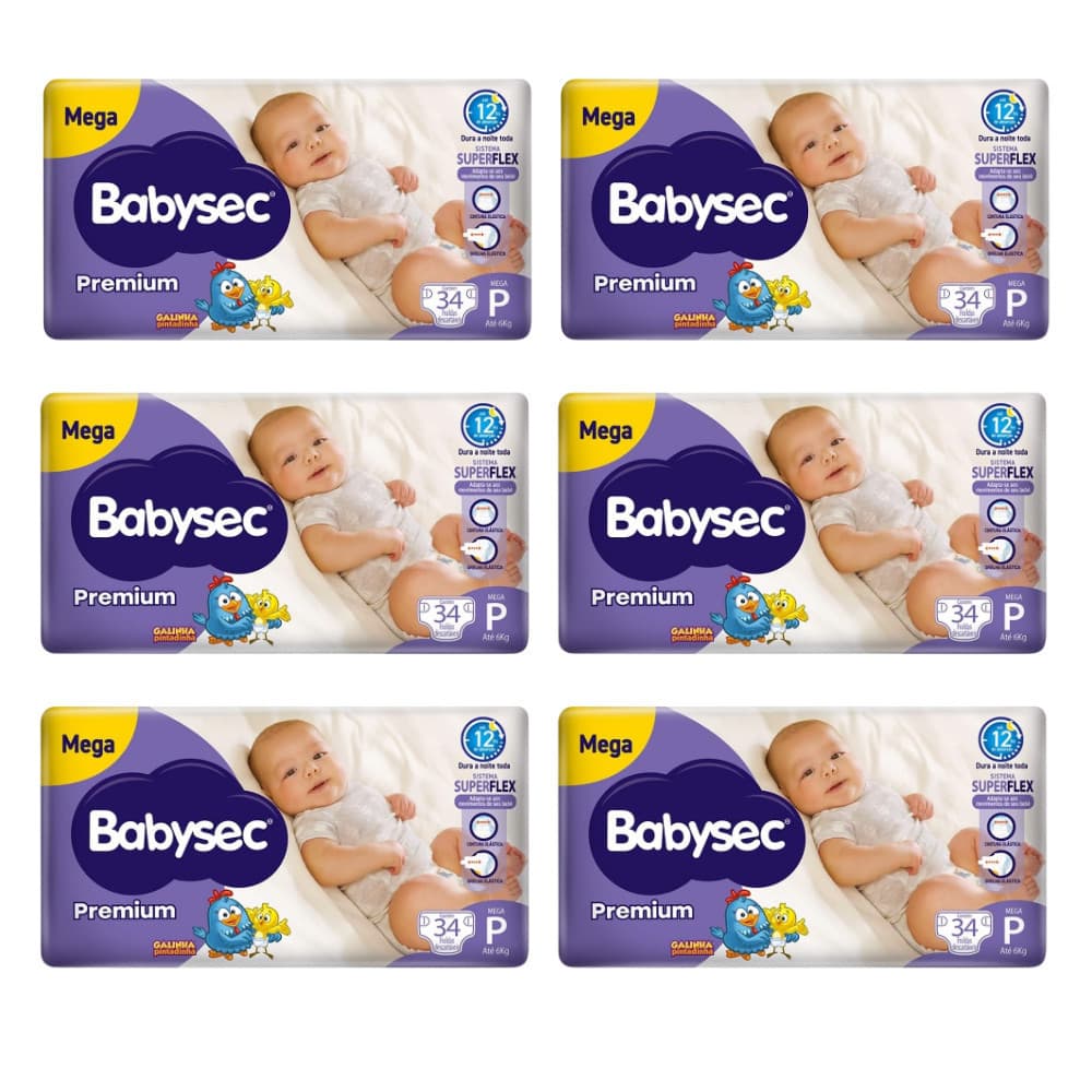 6 Super Fralda BabySec Premium Galinha Pintadinha Mega P com 34un Cada -Bebê sequinho por mais tempo