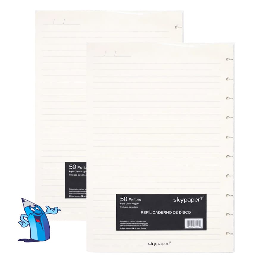 KIT REFIL CADERNO DE DISCO INTELIGENTE COM 100 FOLHAS PAUTADAS 09 FUROS SKYPAPER