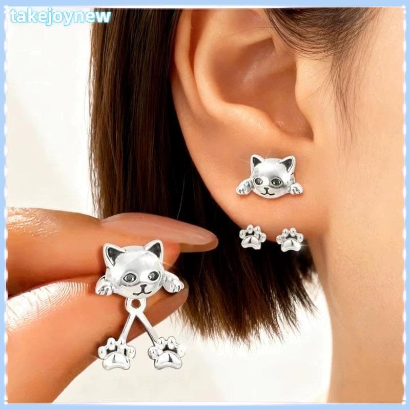 [takejoynewBR] Brinco De Gato Vintage Engraçado Cor Prata Para Mulheres Fofo Animal Pata Ba Brincos Pendurados Festa Ban
