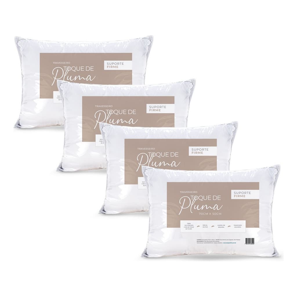 Kit Com 4 Travesseiros Premium Suporte Firme 70 X 50 Toque De Pluma Máximo Conforto