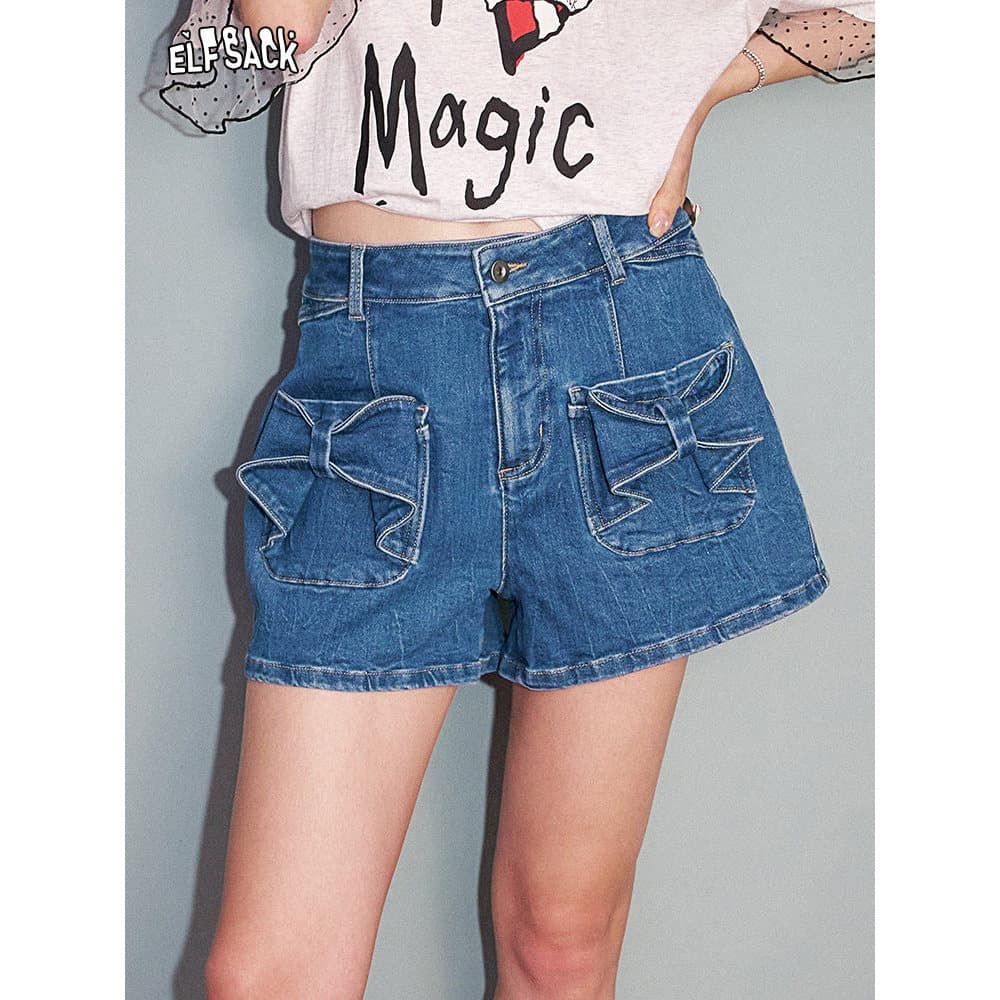 Fada bolso Bowknot bolso lavado cinza Jeans feminino 2026 verão novo estilo doce legal calças quentes Shorts