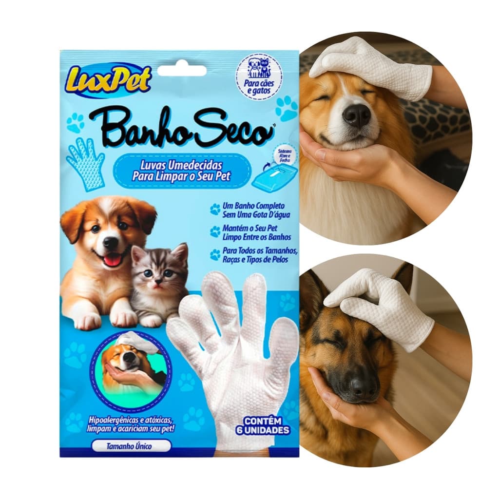 Luva Para Banho Seco Em Pets 6 Unidades Limpeza Sem Água Gatos e Cães Com Pele Sensível