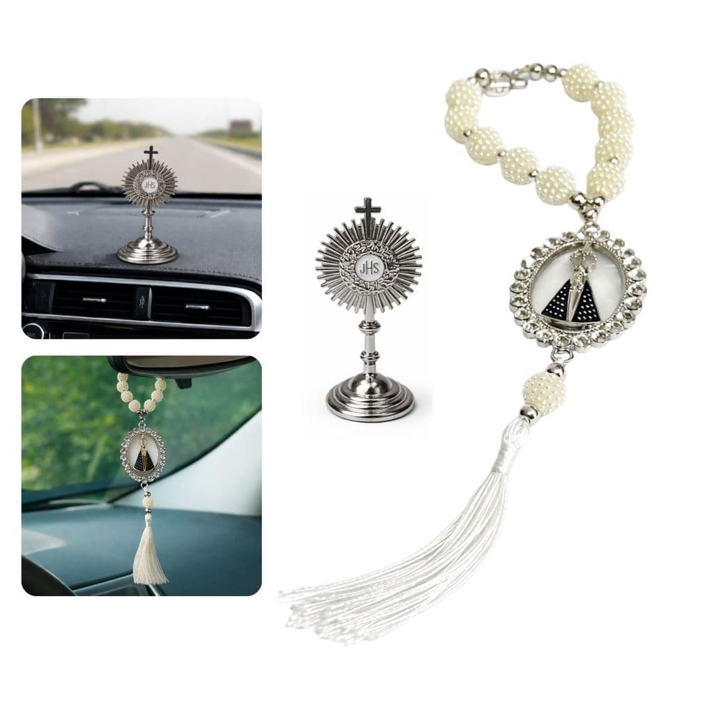 Kit Terço Nossa Senhora Aparecida Carro Retrovisor + Ostensório Proteção