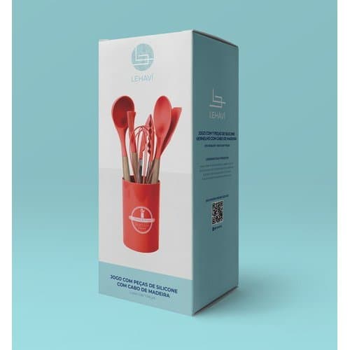 Conjunto Utensilios Silicone Vermelho 7 Pecas Cabo Madeira Cozinha Antiaderente Resistente