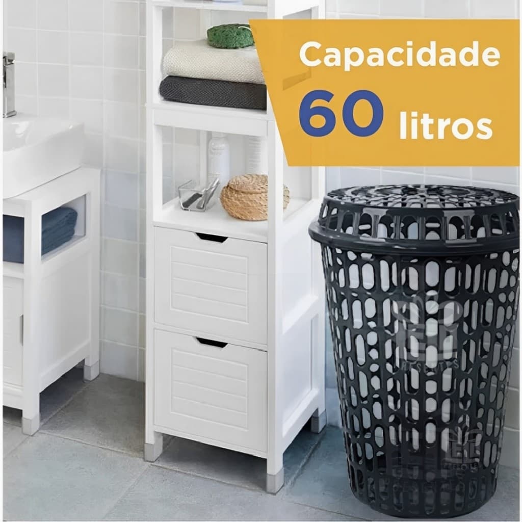 KIT 2X Cesto De Roupas Sujas Telado 60 Litros Com Tampa Preto Casa Lavanderia Apartamento