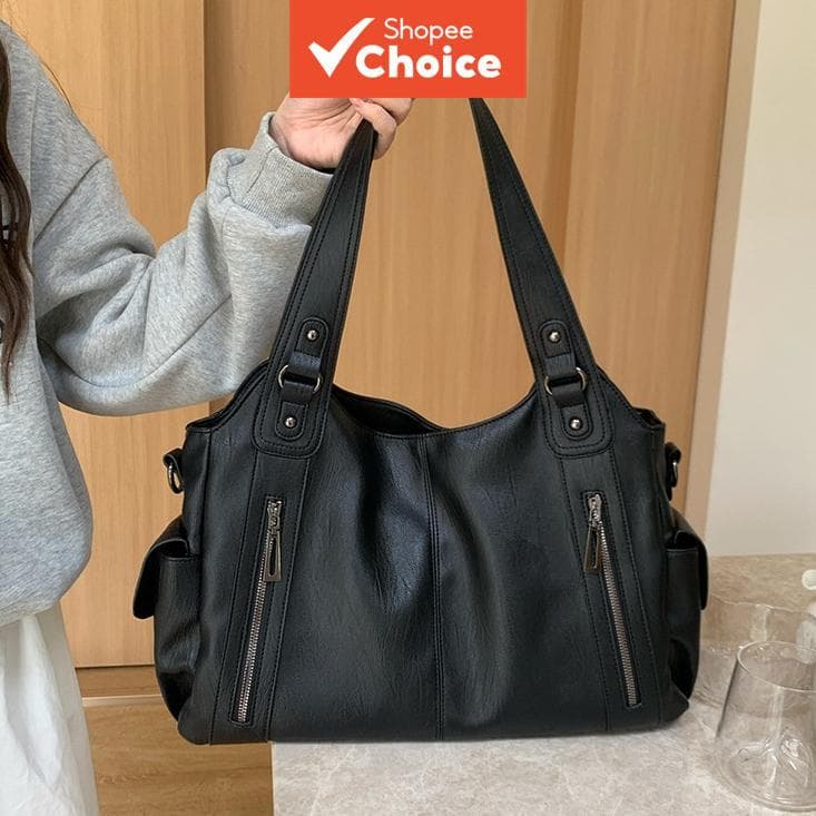 Bolsa de Couro Minimalista - Acessórios de Ferragens Prateadas - Bolsa Tiracolo Coreana Retrô, Bolsa Tote com Rebites,
