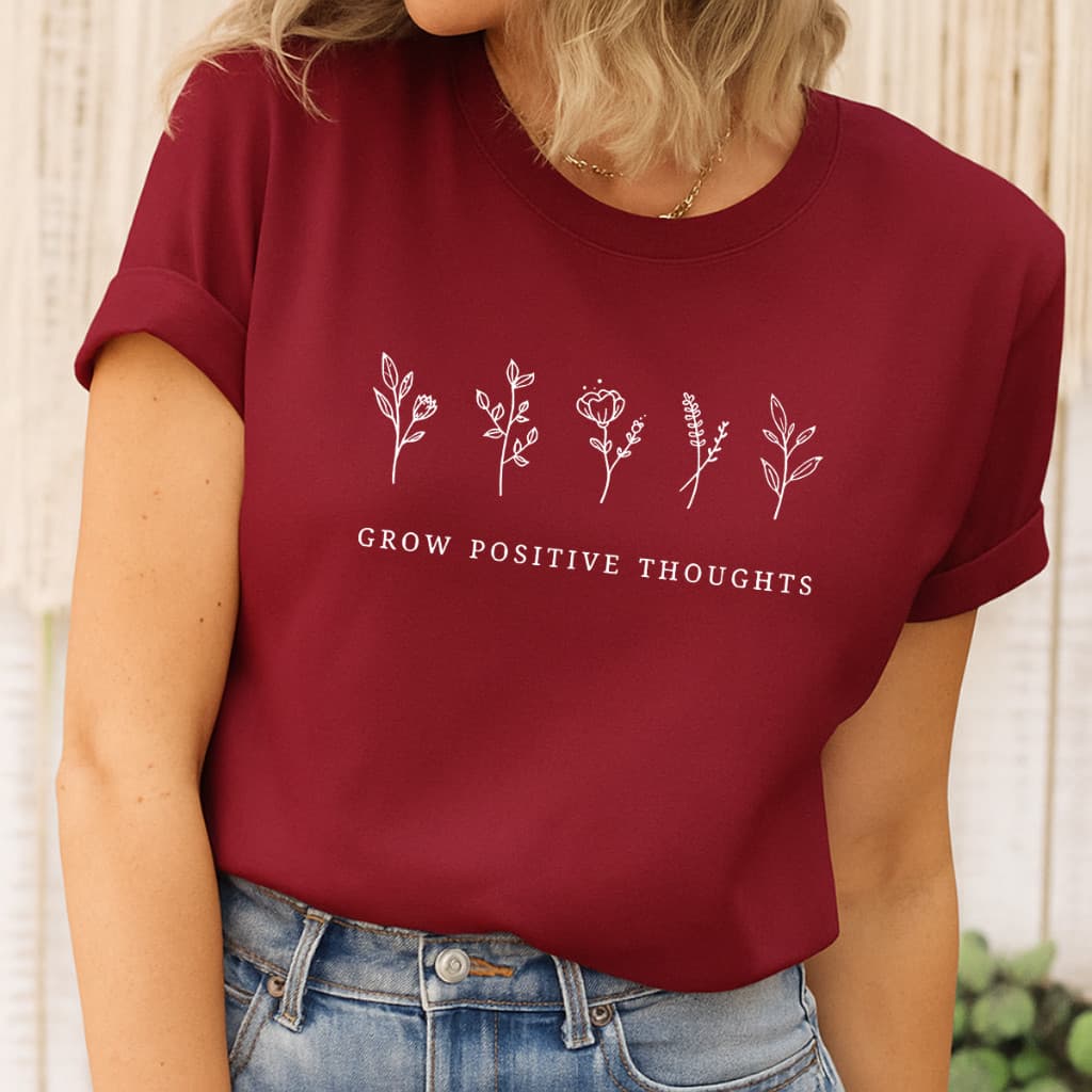 Camiseta Feminina Blusinha Florzinhas Estampada Frase Grow Positive 100% Algodão Estilosa