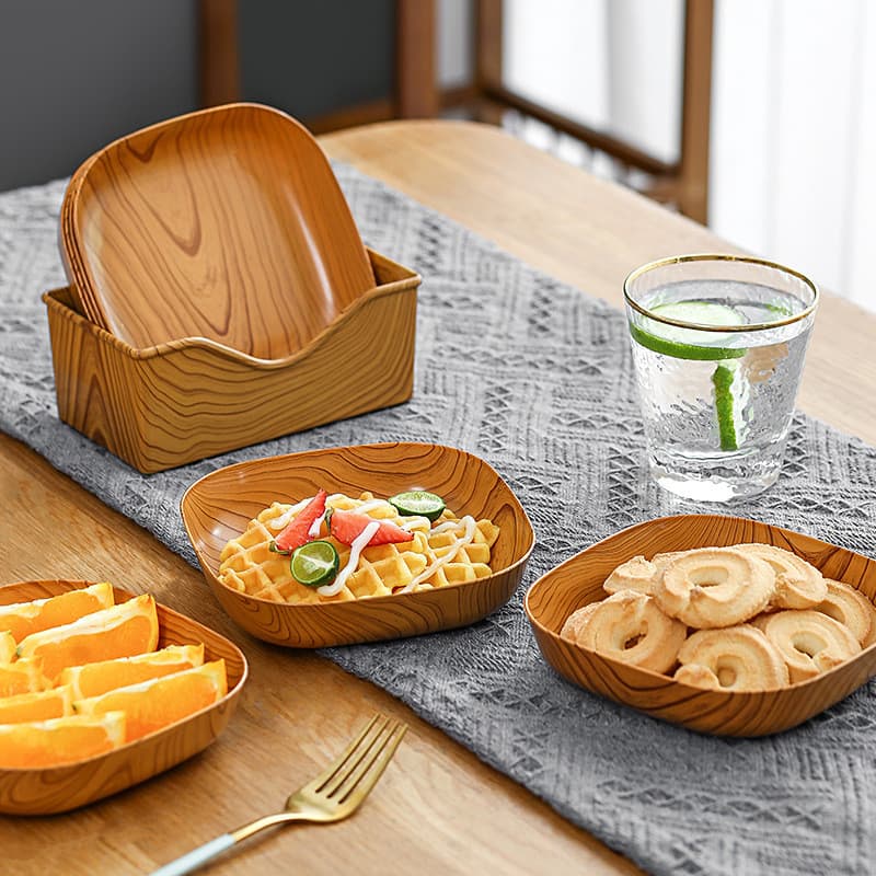 Novo estilo japonês criativo imitação de grão de madeira plástico cuspe osso placa lanche prato frutas porca lanche plac