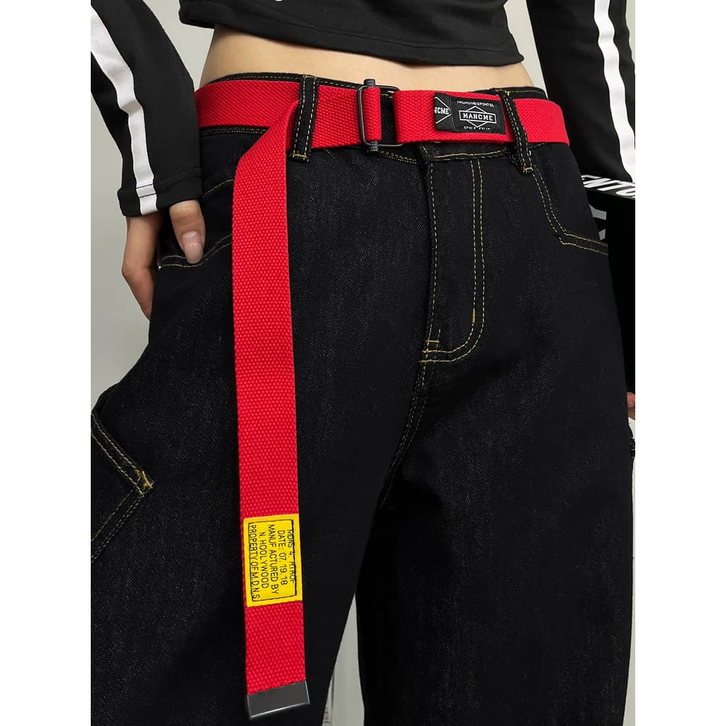 2026 novo estilo feminino sem perfuração vermelho listrado cinto de lona estudante treinamento militar fivela de anel du