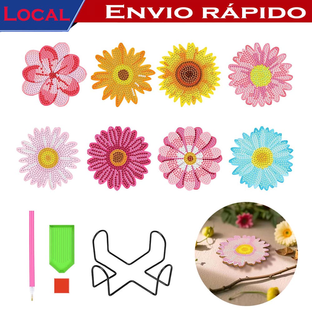 Kit Porta-copos Pintura Diamante Flores 8 un. c/ Suporte - Inclui Cola, Caneta e Bandeja, Atividade para Família