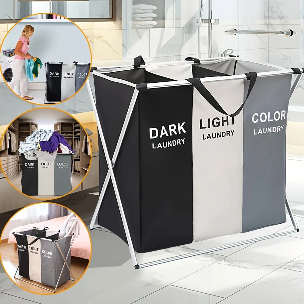 Cesto de Roupa Suja Grande Dobrável 3 Divisórias Organizador Moderno