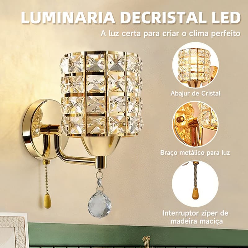Luminária de parede de cristal dourado，decoração sala luxo，luz de led para quarto，abajur de cabeceira，arandela de parede