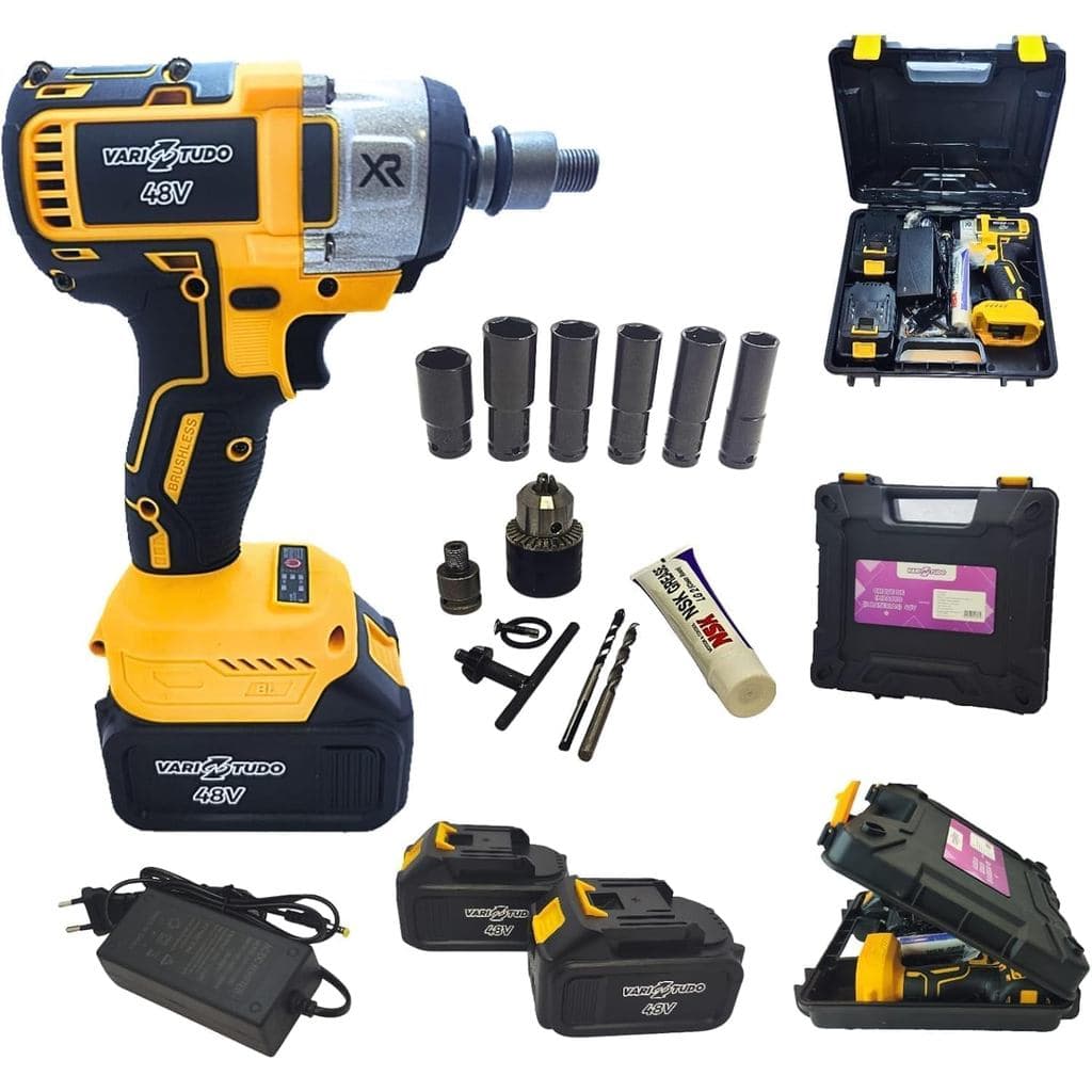 Chave de Impacto 48V Brushless + Furadeira Parafusadeira Kit Profissional com 2 Baterias 4.0Ah Soquetes Mandril e Maleta