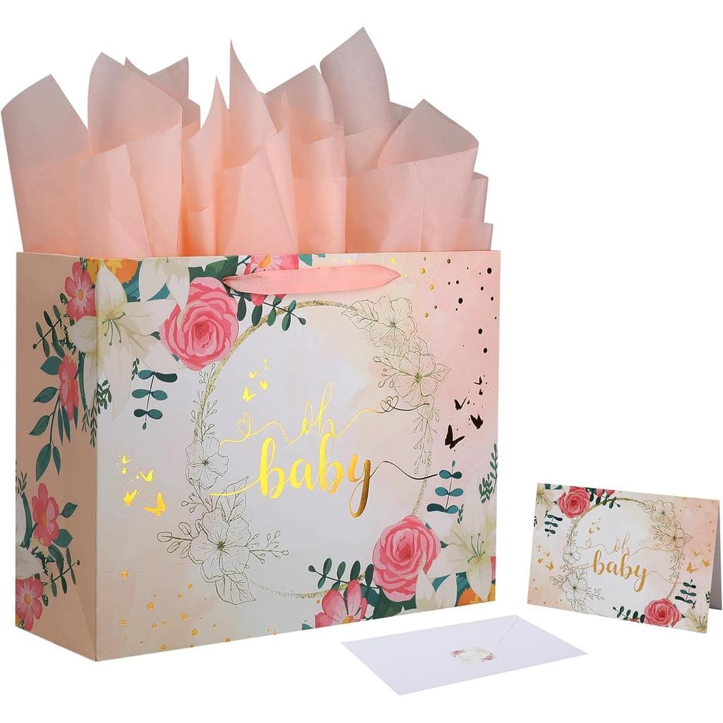 Conjunto de Sacolas de Presente para Bebê Extra Grandes de 16,5” com Alças, Cartão de Saudação, Papel de Seda Laranja Cl