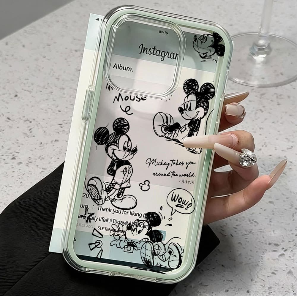 Capinha Silicone Mickey Mouse 3 Em 1 Para iPhone 17 Air 16 15 14 13 12 11 Pro Max PlusTransparente Anti-Impacto HB01