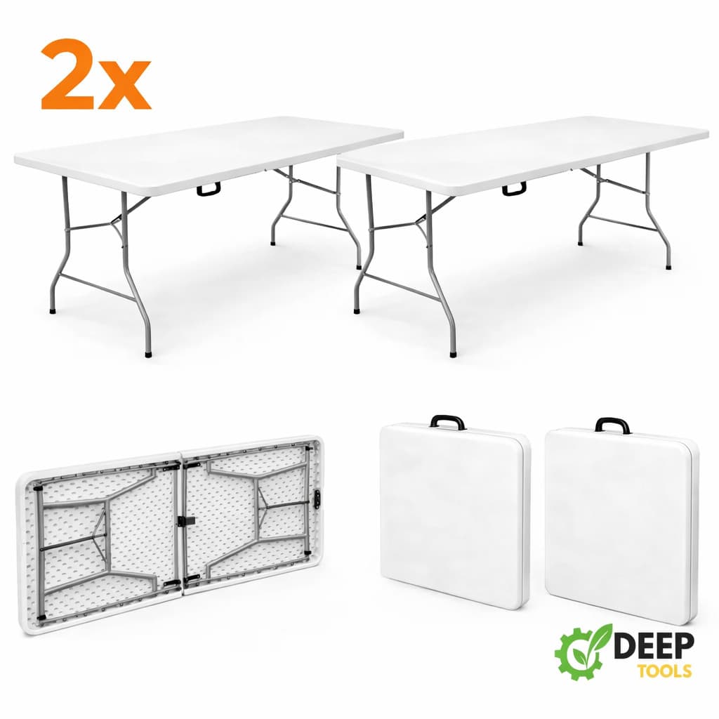 Kit Com 2 Mesas Dobráveis Portátil 1,80m Vira Maleta com Alça Camping Praia Festas Jardim Eventos Deep Tools