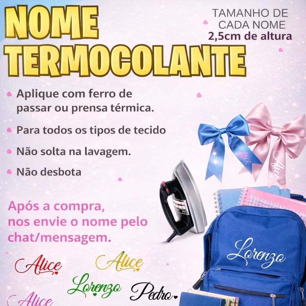 Kit 10 Nomes Termocolante DTF para Laços Fitas Patch Aplique em Tecidos Fácil Aplicação com Ferro