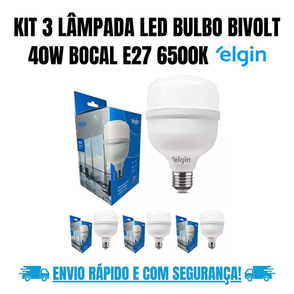Kit 3 Lâmpada Led Bulbo 40w Bivolt 6500K Bocal E27 Elgin