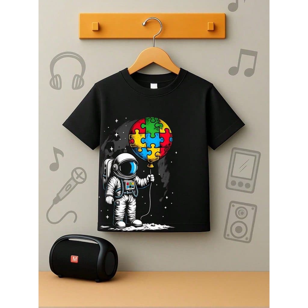 Camiseta Infantil Estampada Astronauta com Balão Camisa 100% Algodão Mundo Autista