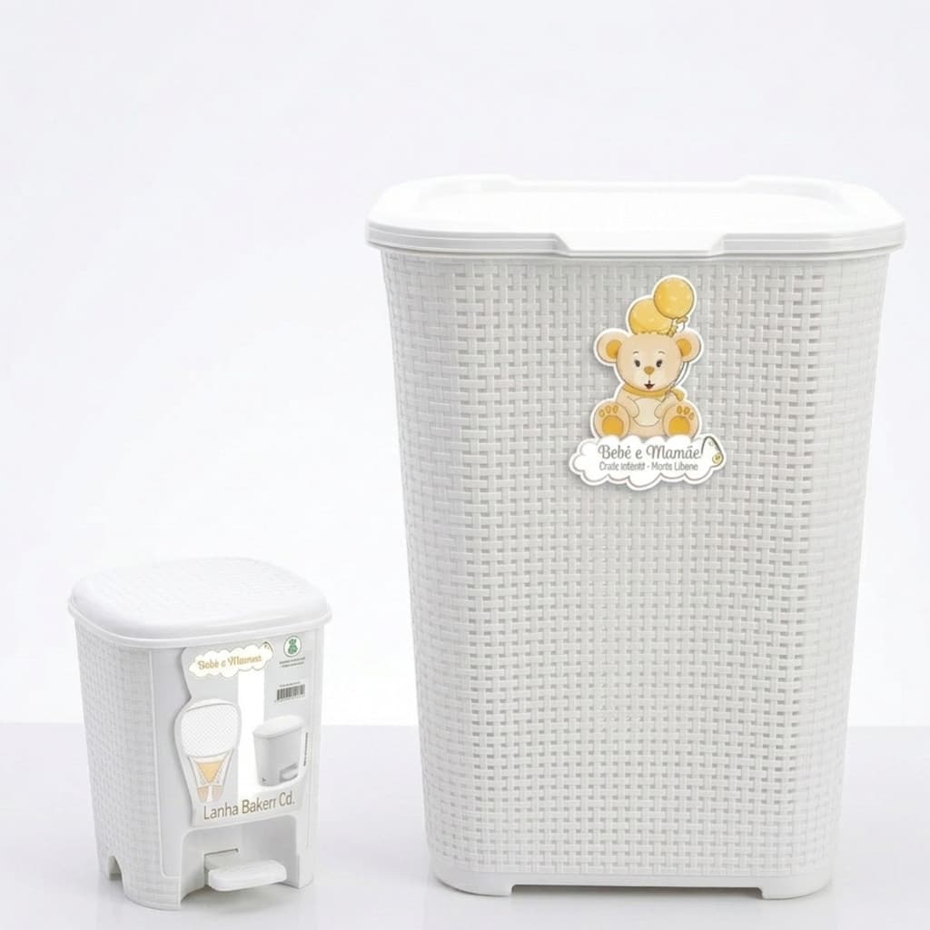 Kit Lixeira Infantil Rattan 6L + Cesto Organizador 30L Quarto Bebê Mamãe Rosa