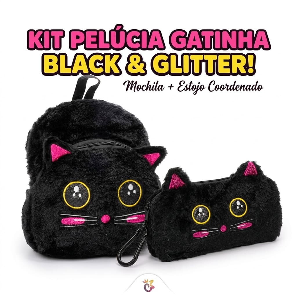 Kit Escolar Gatinha Black & Glitter - Mochila + Estojo Pelúcia Polibrinq