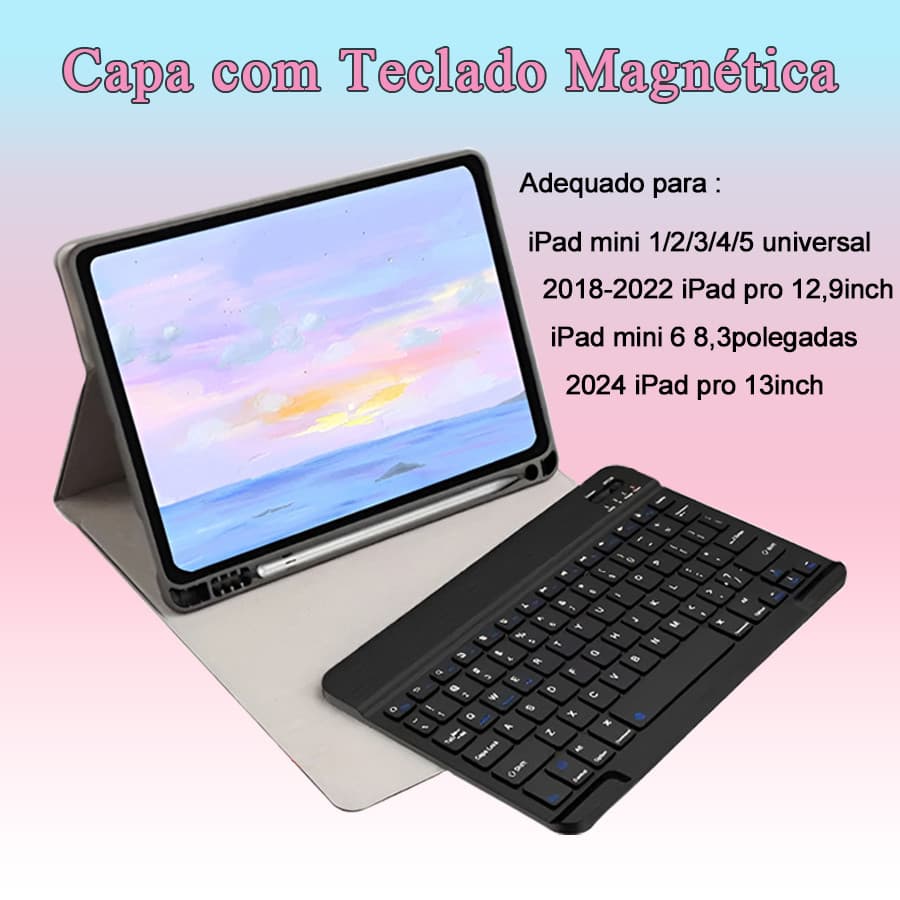 Capa com Teclado Para iPad mini 1 2 3 4 5 6, 2018 - 2022 iPad pro 12,9 polegadas, 2024 iPad pro 13 polegadas
