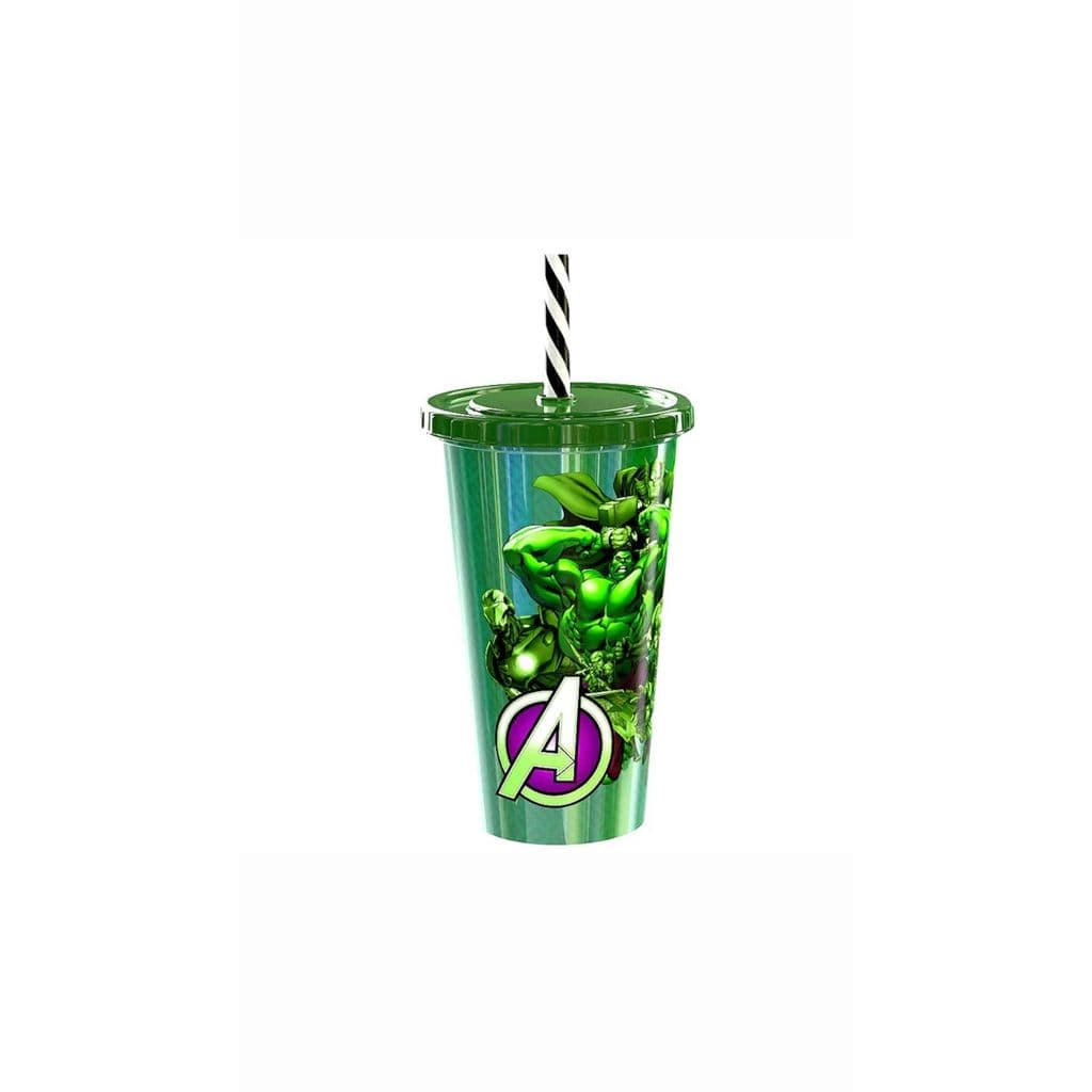 Copo Decorado dos Herois Vingadores Com Tampa E Canudo Plástico 500ml