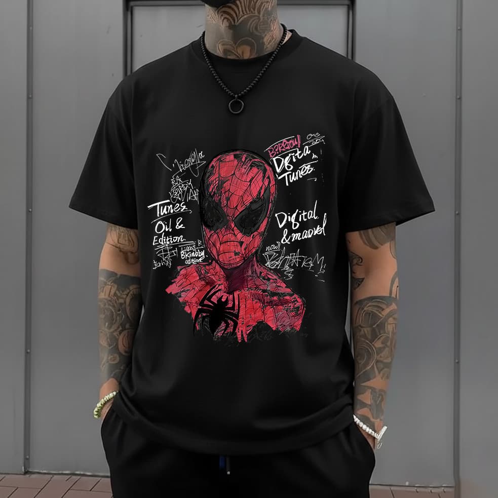 2026 Camiseta Oversized Preta Unissex, Estampa de Aranha em Estilo Sketch e Grafite, Estilo Streetwear e Vintage