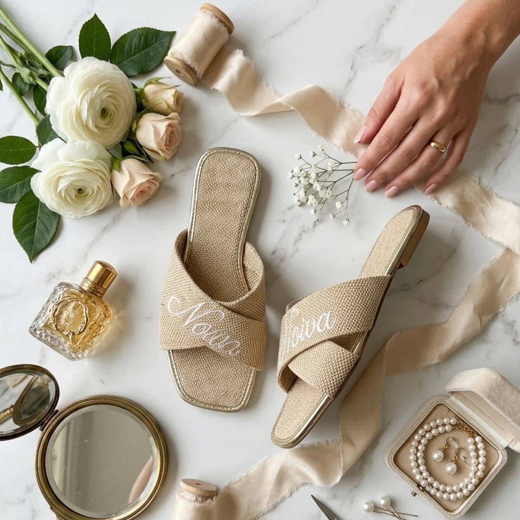 Chinelo Rasteira Noiva Trama Cru Dourado | Bordado Branco | Acessório Luxo Casamento | Entrega Rápida