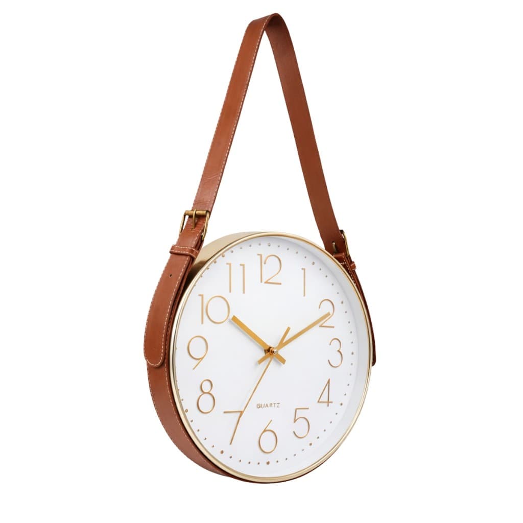 Relógio de Parede Rosé Gold Cobre e Fundo Branco Alça Marrom