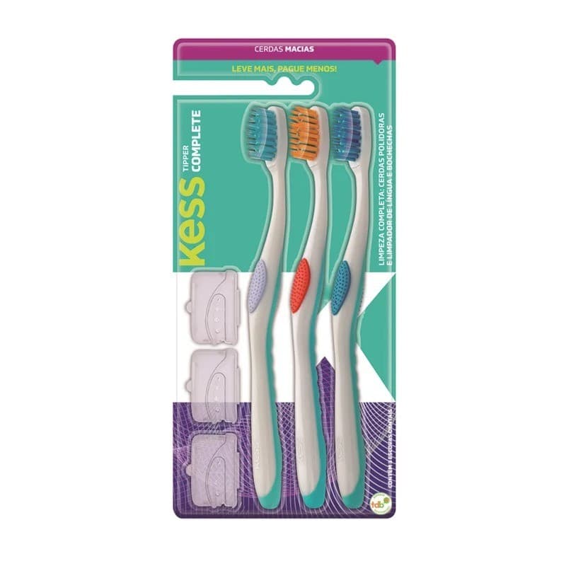 Escova Dental Kess Complete Pack 3 Unidades Cerdas Macias com Limpador de Língua | 2083