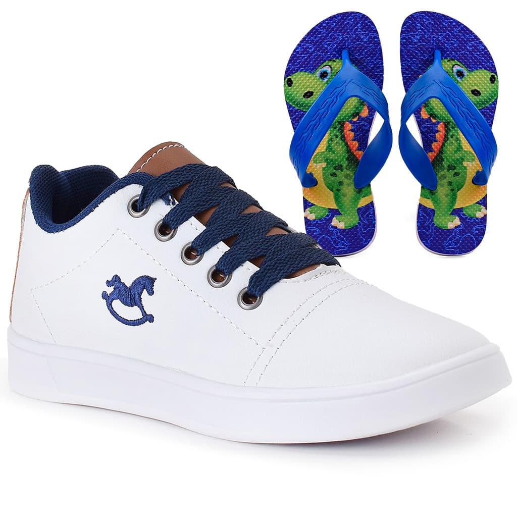 Kit Tênis Infantil Menino Casual Branco + Chinelo Infantil Dinossauro