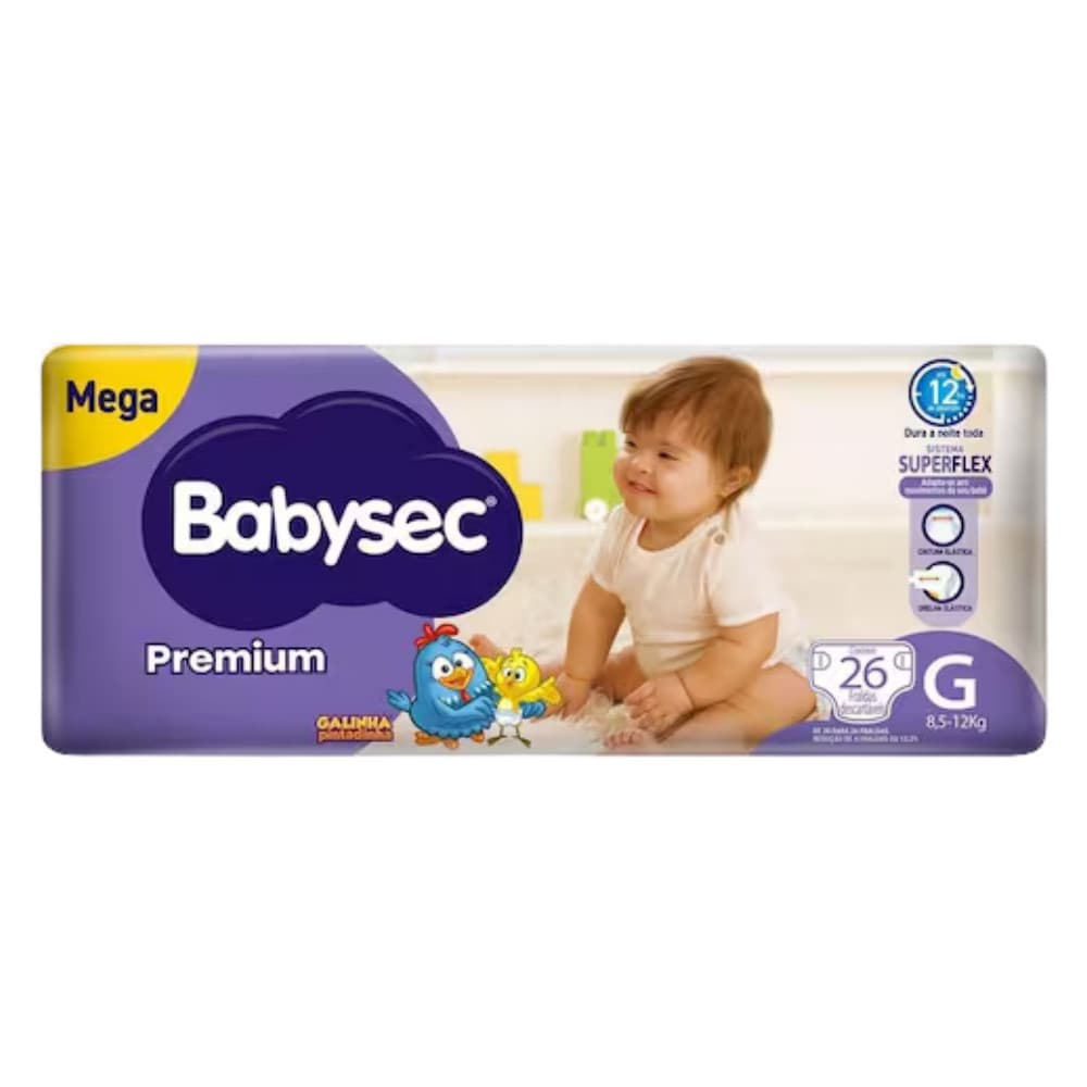 1x Fralda BabySec Premium Galinha Pintadinha Mega G c/26unidades – Bebê sequinho por mais tempo