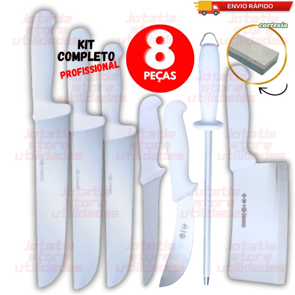 Facas Profissional 08/ 05/ 02 Combo Desossa Tira Couro Chaira Cutelo Pedra Afiar P/ Açougue Frigorífico Churrascaria