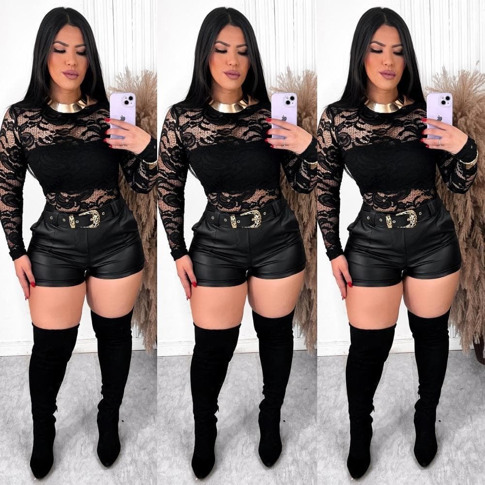 Look  (Body Renda Manga Longa e Shorts Feminino Couro Eco c/ Cinto)