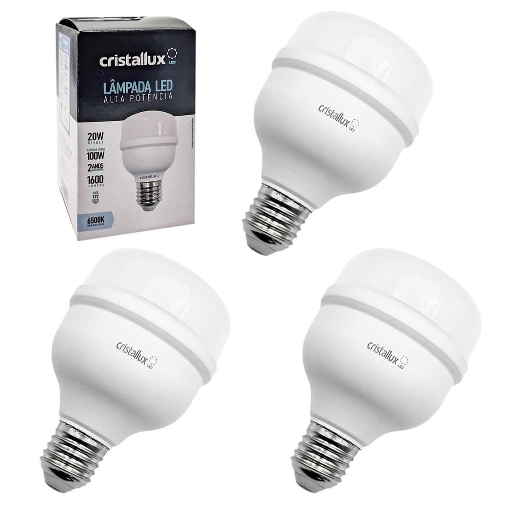 3X Lâmpada Bulbo Led Alta Potência E27 20w Branca Fria 6500k Cristallux
