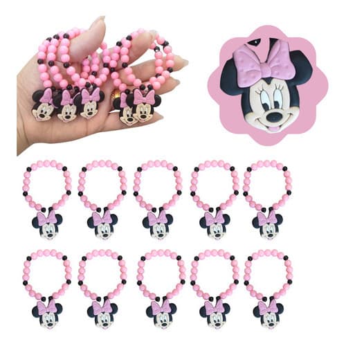 Kit 10 Pulseira Lembrança De Aniversario Minie Rosa Infantil Rosa