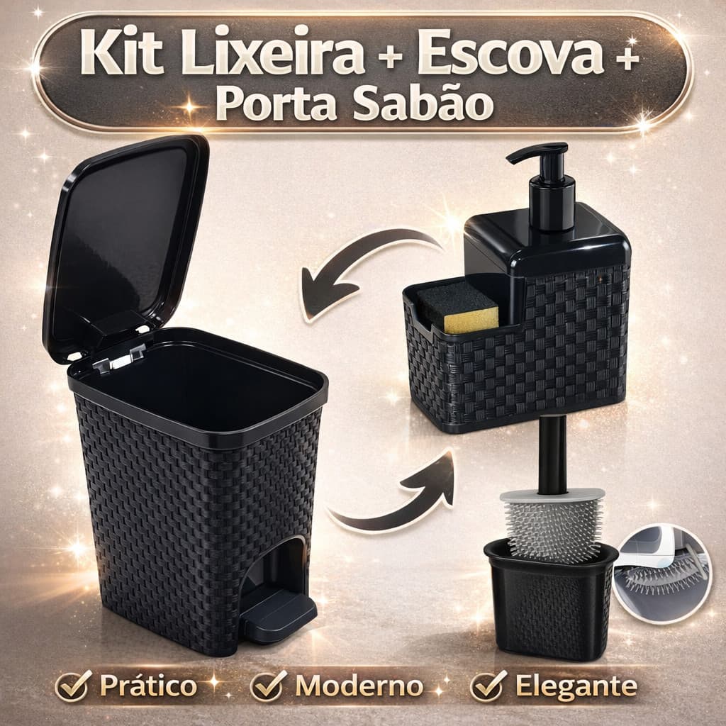 Kit Lixeira 7 Litros Rattan Pedal + Porta Detergente + Escova Sanitária – Sofisticação e Praticidade para seu Banheiro