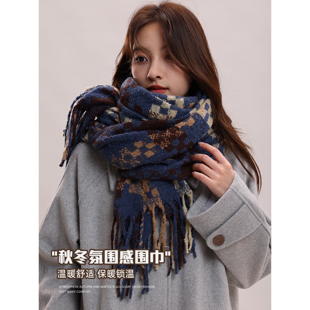 Cachecol feminino estilo 2025 novo estilo inverno azul engrossado xadrez estilo coreano atmosfera cachecol quente mascul
