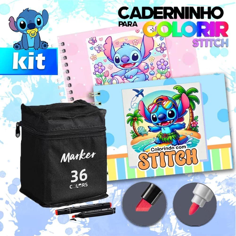 Livro de colorir de 50 páginas Capa duro Stitch + Canetinha Touch de alta qualidade