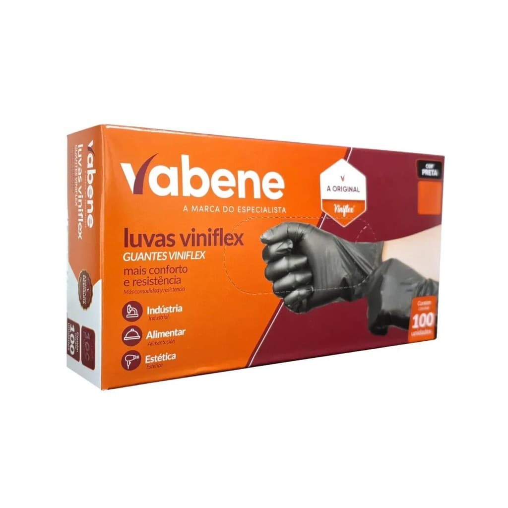 Luva Preta Viniflex Descartável - Vabene 100 Unidades P M G
