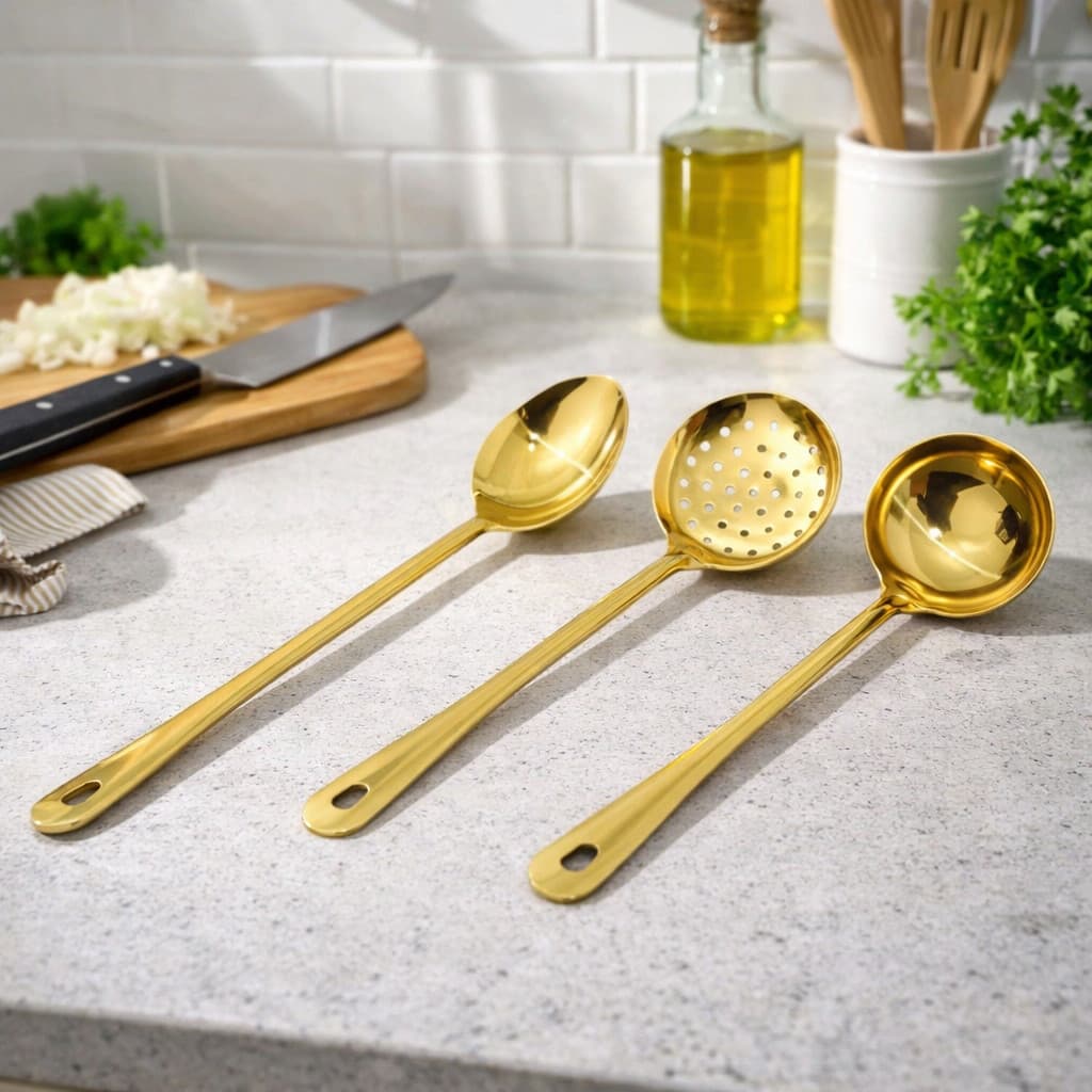 Talheres Utensilios Dourado Cozinha Escumadeira Concha Colher de Arroz Aço Inox